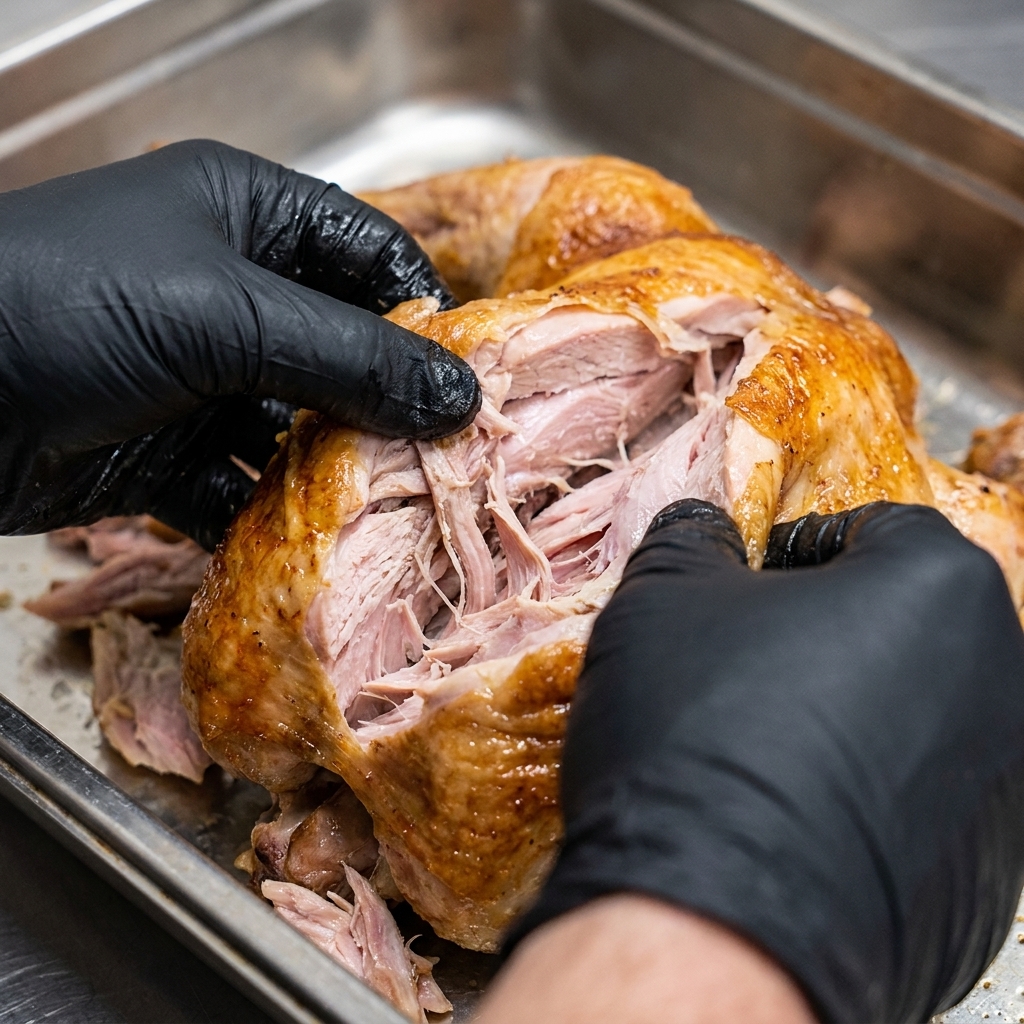 Una vista de cerca de unas manos con guantes negros desmechando un trozo de cerdo asado suculento y perfectamente cocinado dentro de una bandeja metálica.