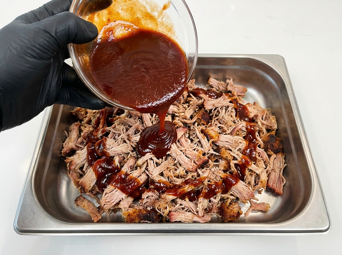Una mano con guante negro vertiendo una salsa barbacoa oscura y espesa desde un cuenco de cristal sobre una montaña de cerdo desmechado cocinado en una bandeja de acero inoxidable.