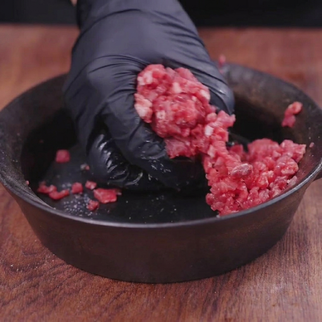 Manos con guantes de látex negros dando forma a la carne picada cruda dentro de un recipiente oscuro.