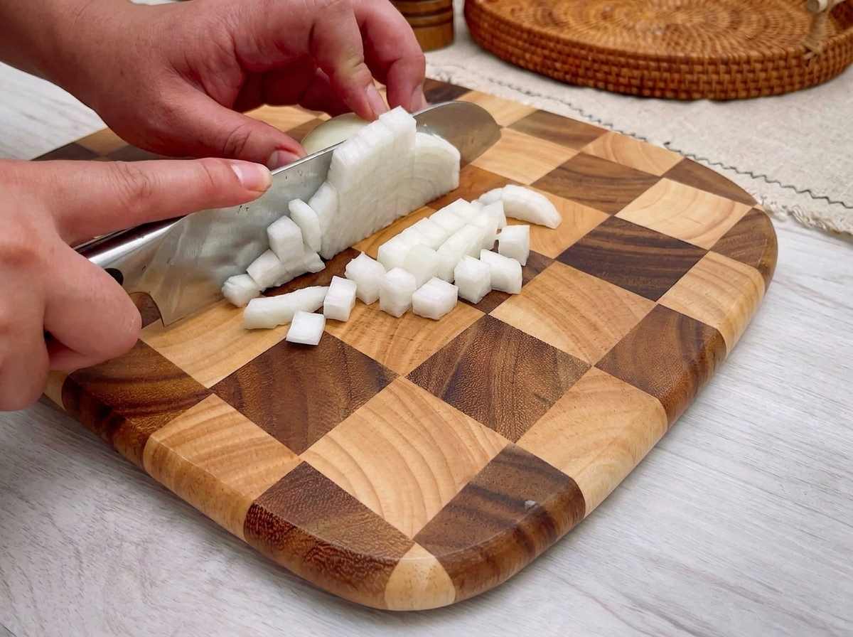 Cubos pequeños y uniformes de cebolla en una tabla de cortar de madera, listos para cocinar.