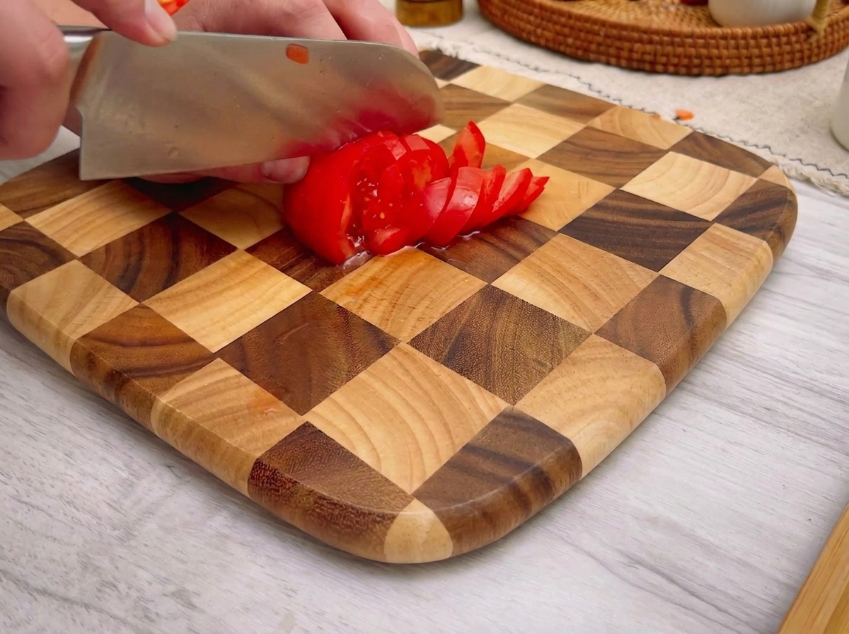 Rodajas de tomate fresco dispuestas sobre una tabla de cortar.