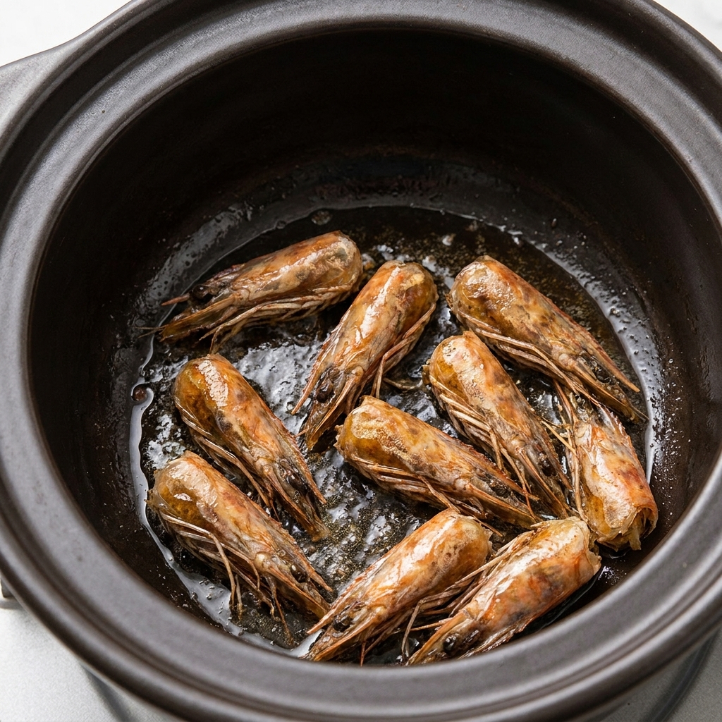 Cabezas de camarón friéndose en aceite en una olla, mostrando una profunda extracción de color.