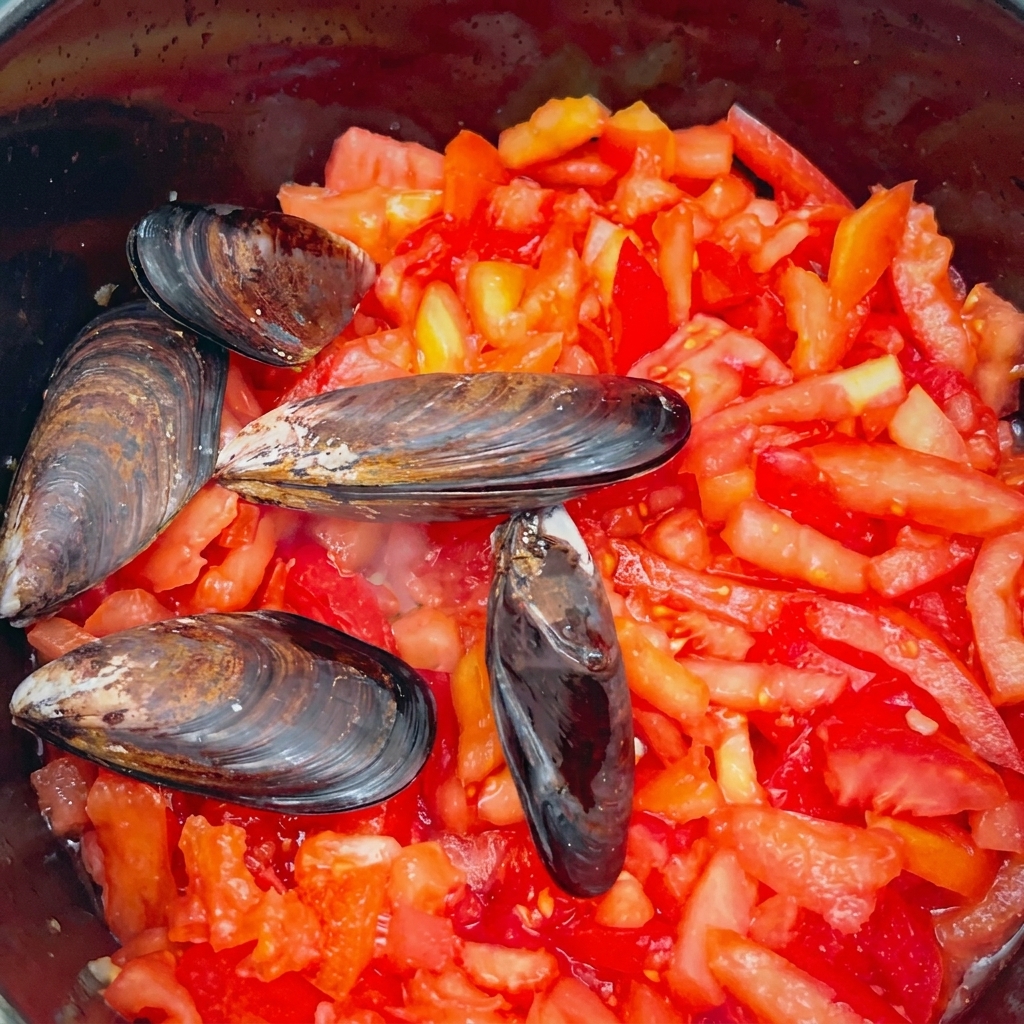 Mejillones negros enteros descansando sobre una capa vibrante de tomates rojos picados dentro de una olla de cocina.