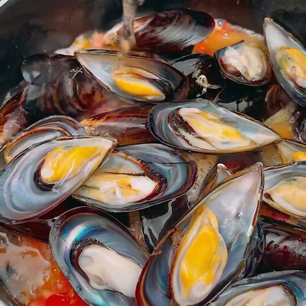 Líquido claro vertiéndose sobre mejillones negros frescos y tomates rojos picados.