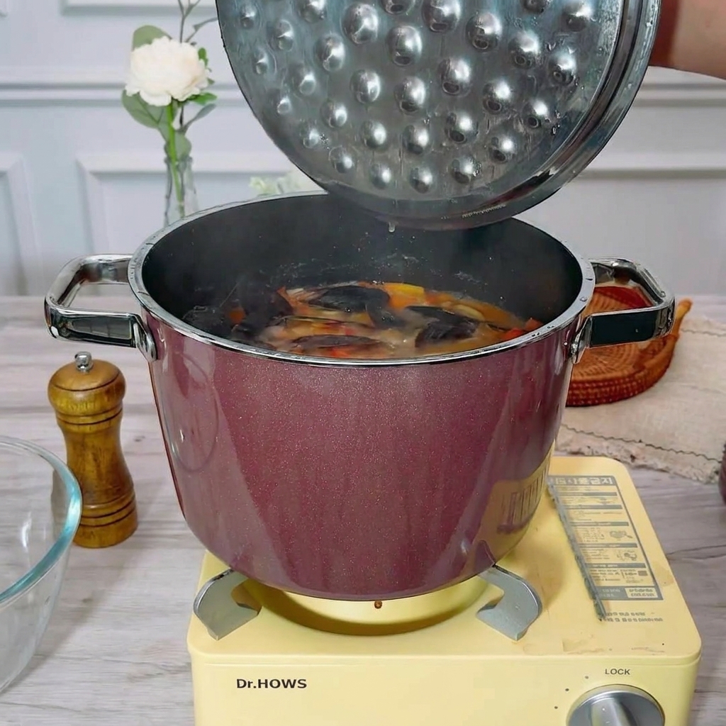 Almejas frescas cerradas siendo colocadas en un caldo de mariscos a base de tomate burbujeante.