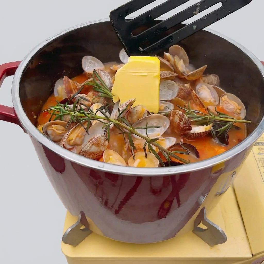 Un cuadro de mantequilla amarilla derritiéndose en un vibrante estofado de mariscos mediterráneo hirviendo.