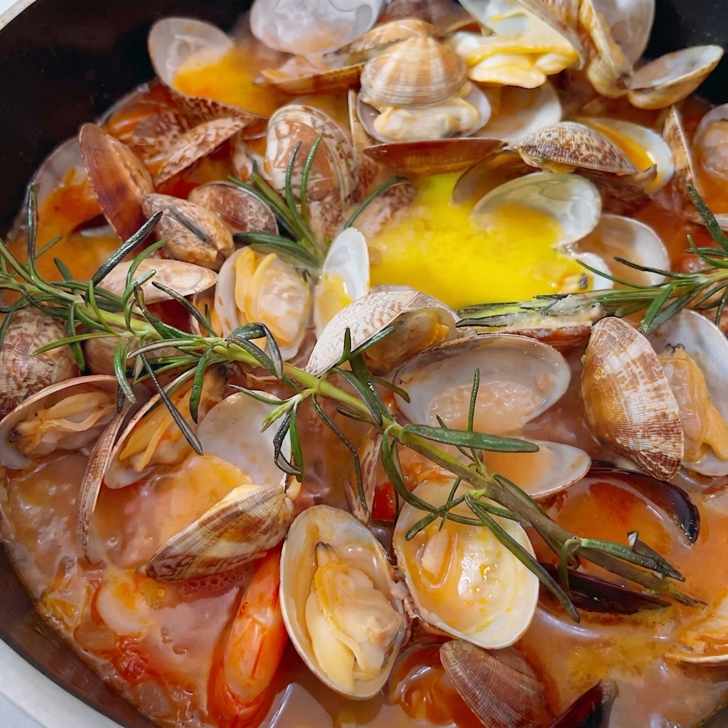 Pimienta negra recién molida siendo espolvoreada sobre una olla de estofado de mariscos mediterráneo burbujeante y terminado.