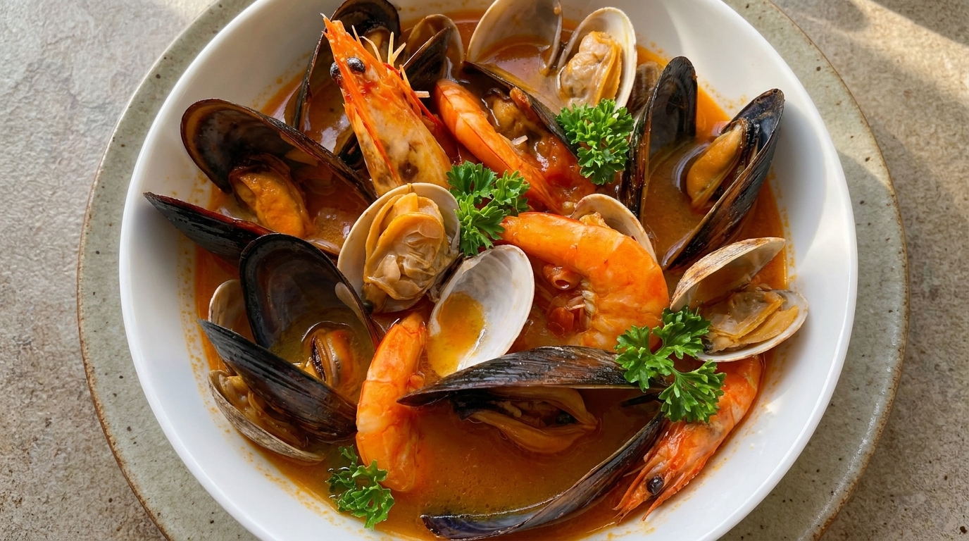 Un vibrante tazón de sopa de mariscos mediterránea con camarones, almejas y mejillones en un rico caldo de tomate.