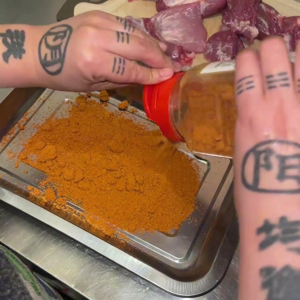 Vertiendo especias cajún de color naranja vibrante desde un frasco sobre una bandeja metálica.