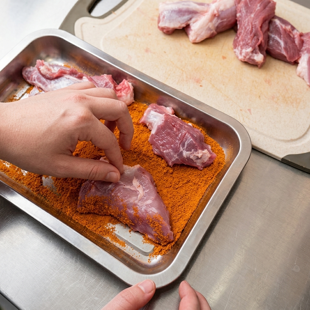Manos presionando trozos de cerdo crudo sobre una cama de especias cajún en una bandeja.