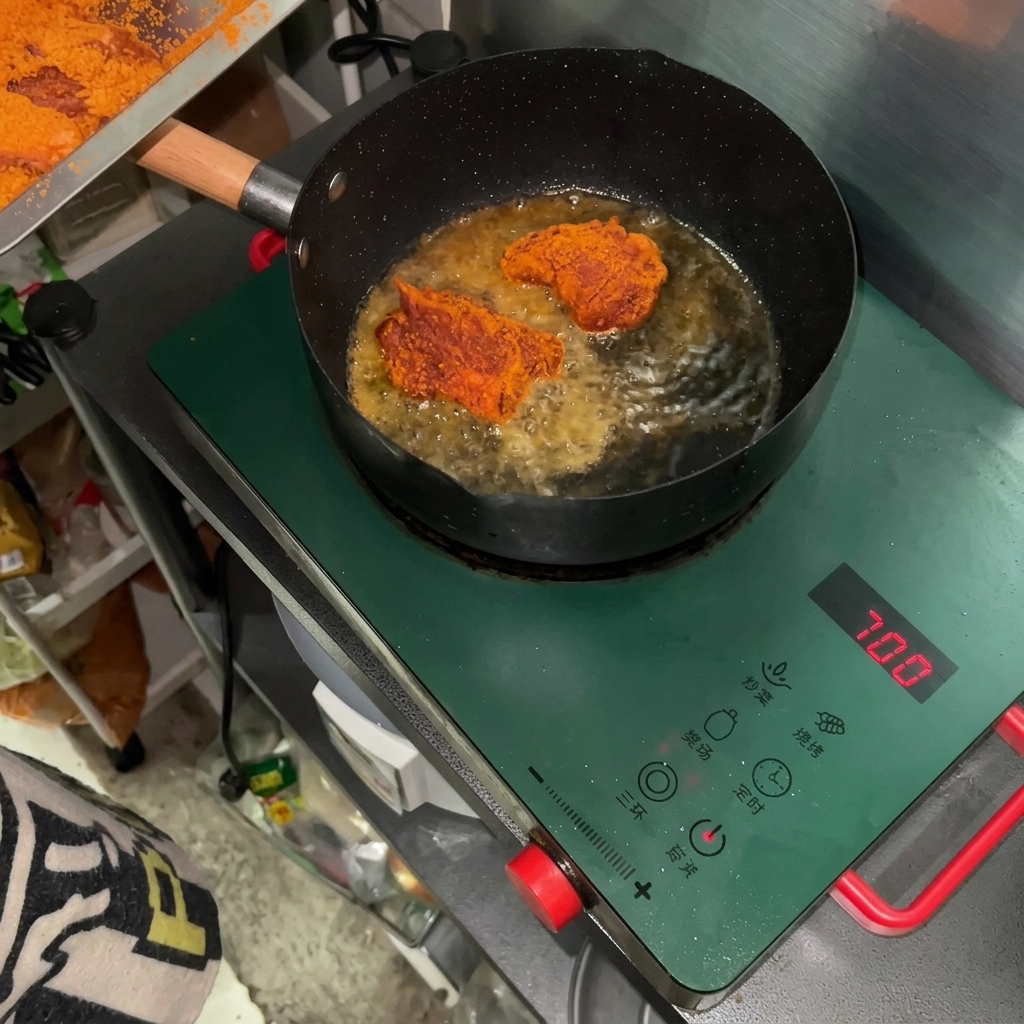 Trozos de cerdo sazonados friéndose en aceite caliente burbujeante en una sartén negra sobre una cocina de inducción.