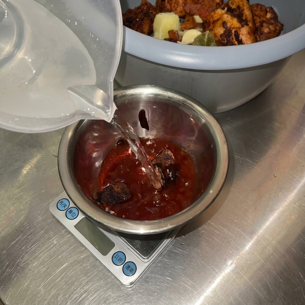 Agua siendo vertida en un bol metálico con especias oscuras y chile en polvo, listo para mezclarse.