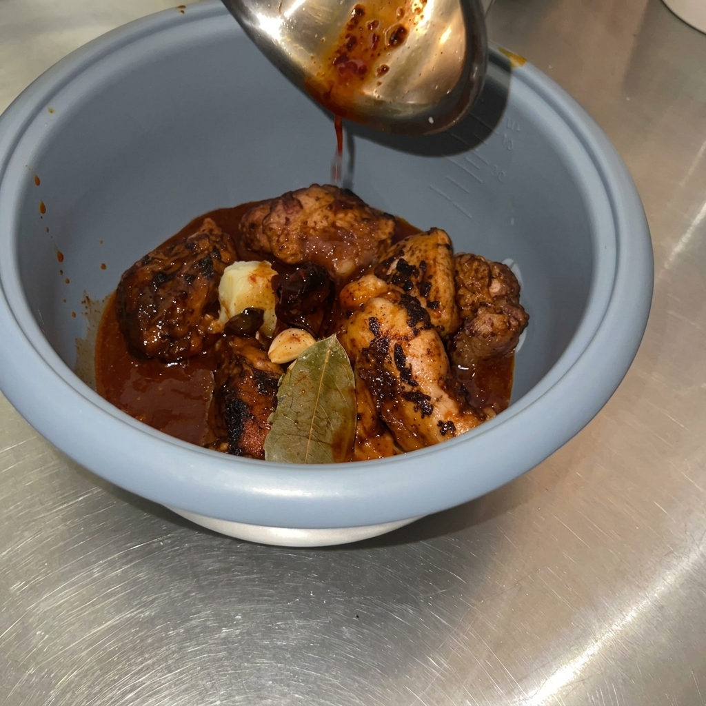 Salsa siendo vertida con un cucharón sobre los trozos de cerdo y aromáticos dentro de una olla arrocera.