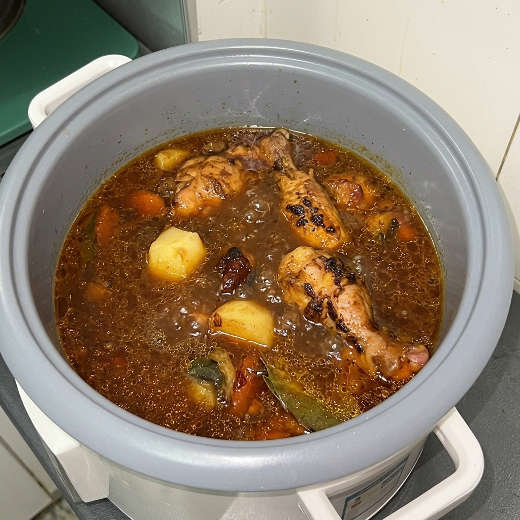 El contenido de la olla arrocera, incluyendo cerdo y caldo, hirviendo a fuego lento mientras comienza la cocción.