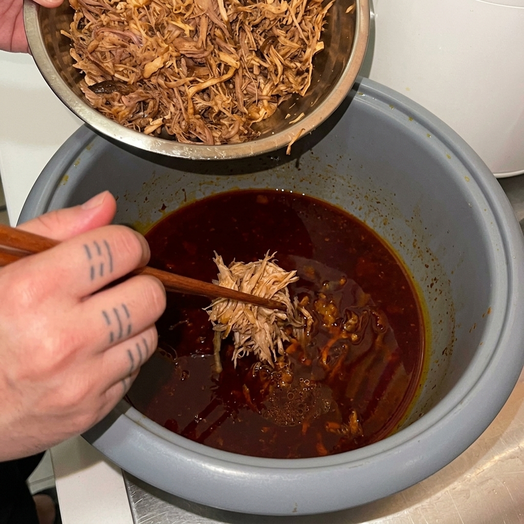 Cerdo deshebrado siendo añadido de vuelta a la salsa oscura dentro de la olla arrocera usando palillos de madera.
