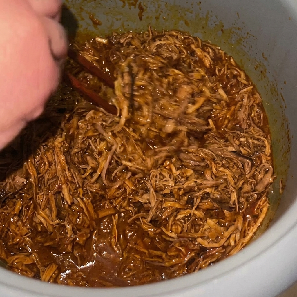 Cerdo deshebrado siendo mezclado en una olla con una salsa oscura y rica, listo para el hervor final.