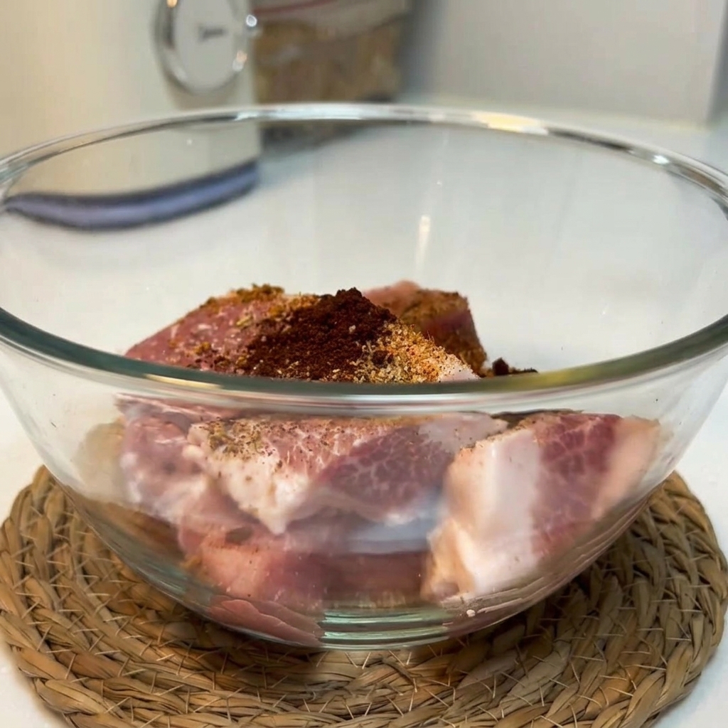 Trozos de aguja de cerdo cruda con especias secas como pimentón, ajo en polvo y comino en un bol de cristal.
