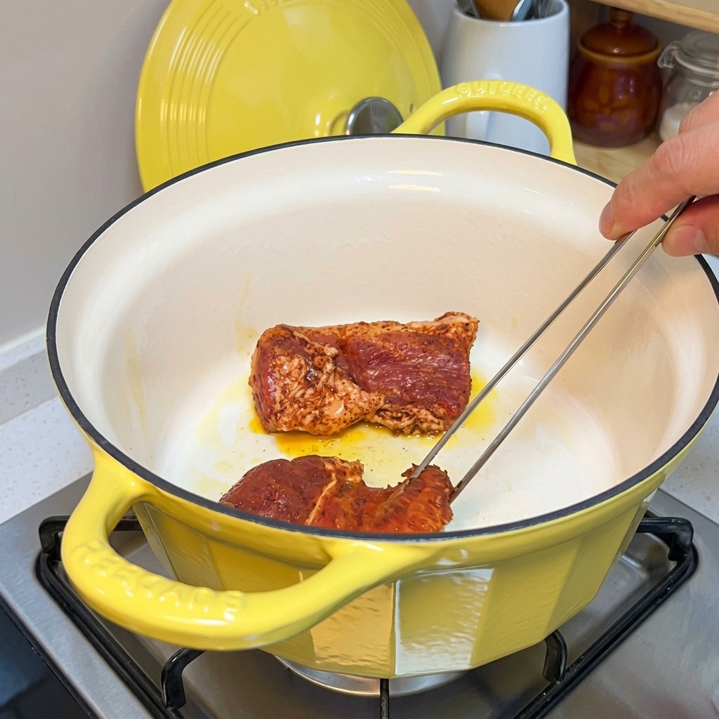 Pinzas de metal dando la vuelta a trozos de cerdo que se sellan en aceite caliente en una olla de hierro fundido esmaltado amarillo.