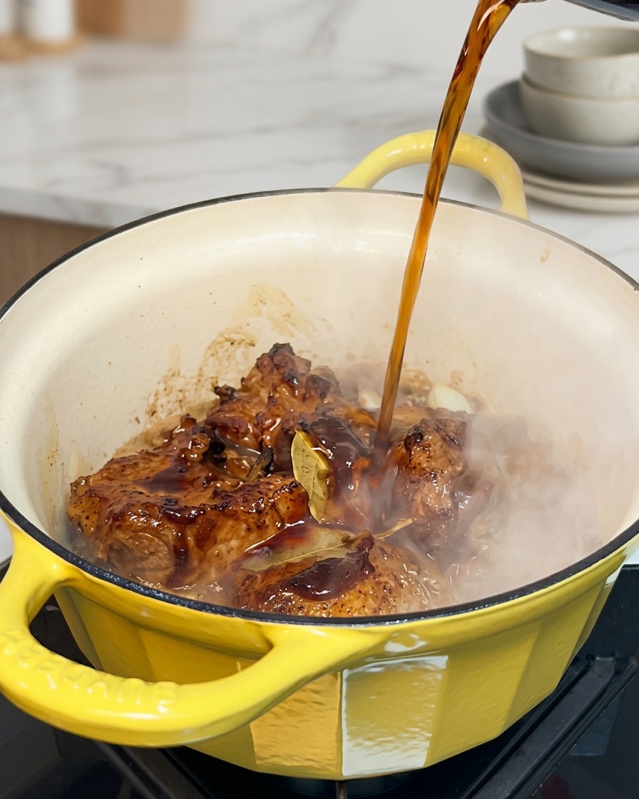 Cola vertiéndose en una olla amarilla con trozos de cerdo sellados, cebollas y salsa barbacoa.