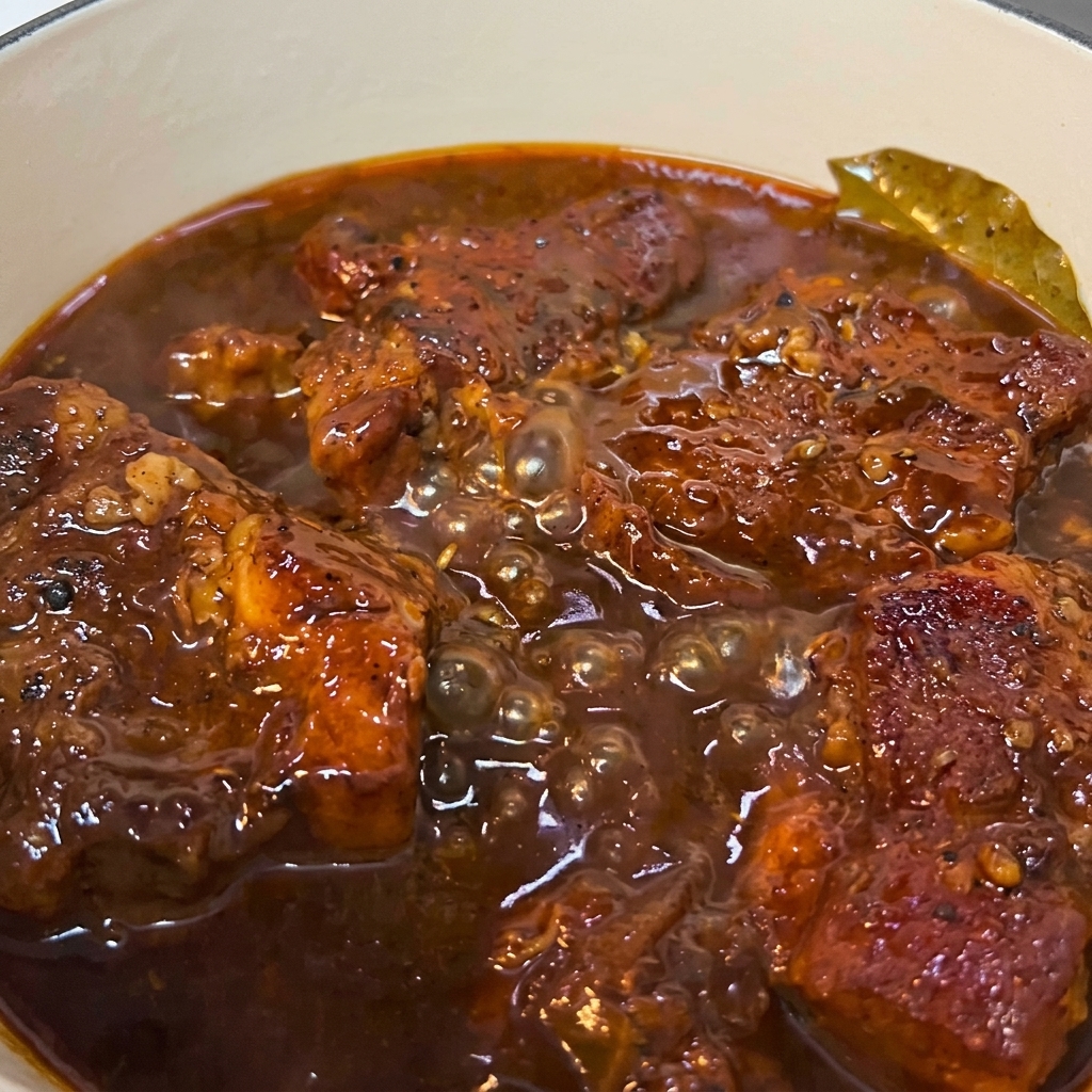 Trozos de cerdo cocinándose a fuego lento en una salsa oscura y espesa dentro de una olla amarilla.