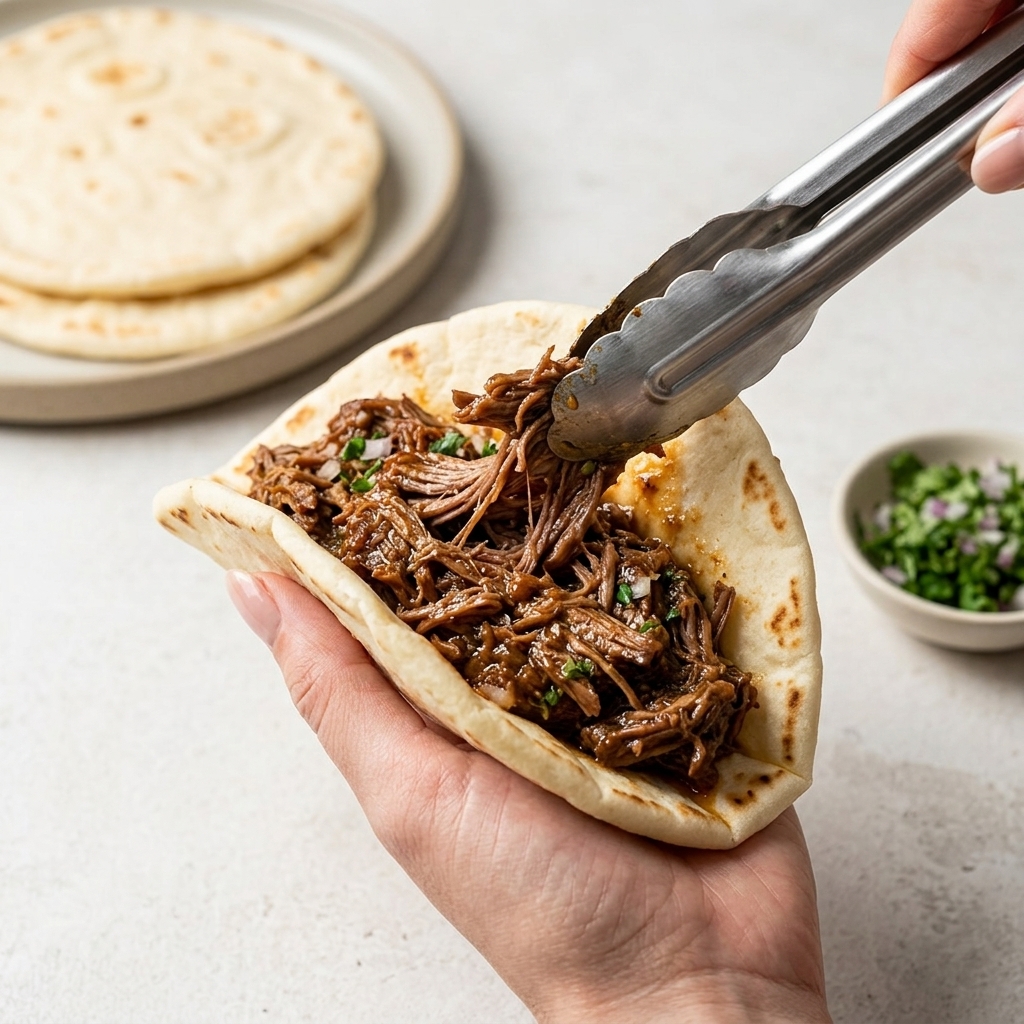 Un primer plano de una tortilla de taco caliente siendo rellena con una generosa porción de cerdo desmechado con salsa.