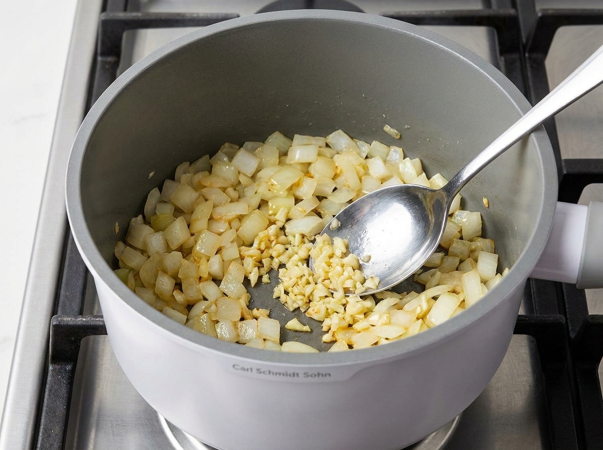 Cebolla, ajo y apio finamente picados cocinándose en una olla junto con romero.