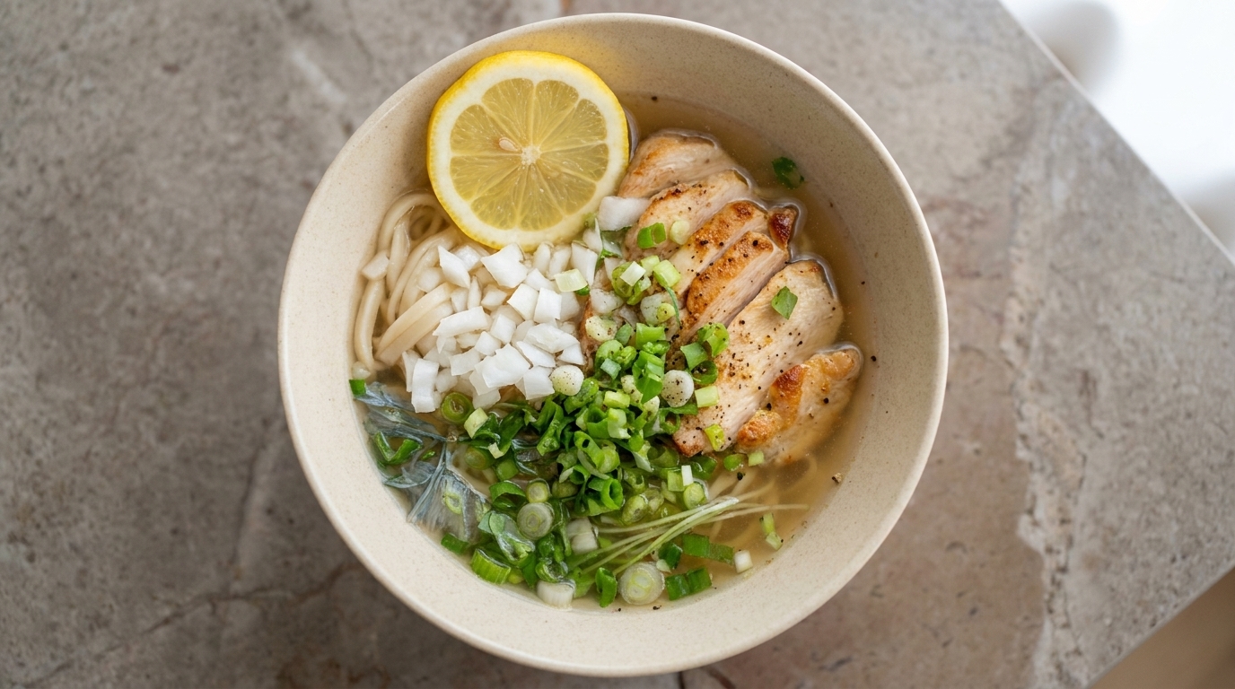 Refrescantes fideos Udon fríos con pollo al limón