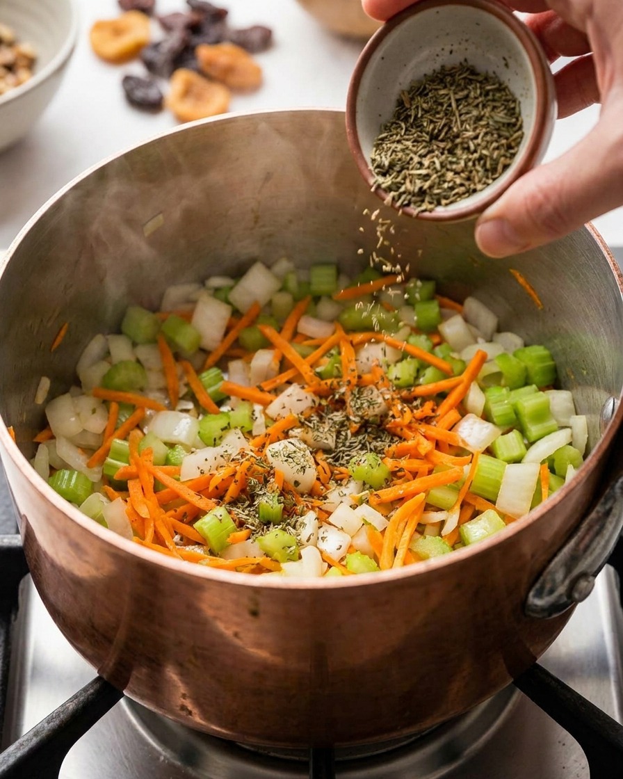 Hierbas de Provenza espolvoreadas sobre una olla de verduras tiernas.