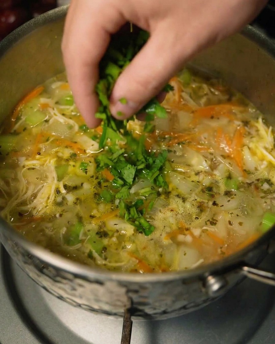 Un cucharón agregando cilantro fresco picado a la olla de sopa de pollo y verduras terminada.