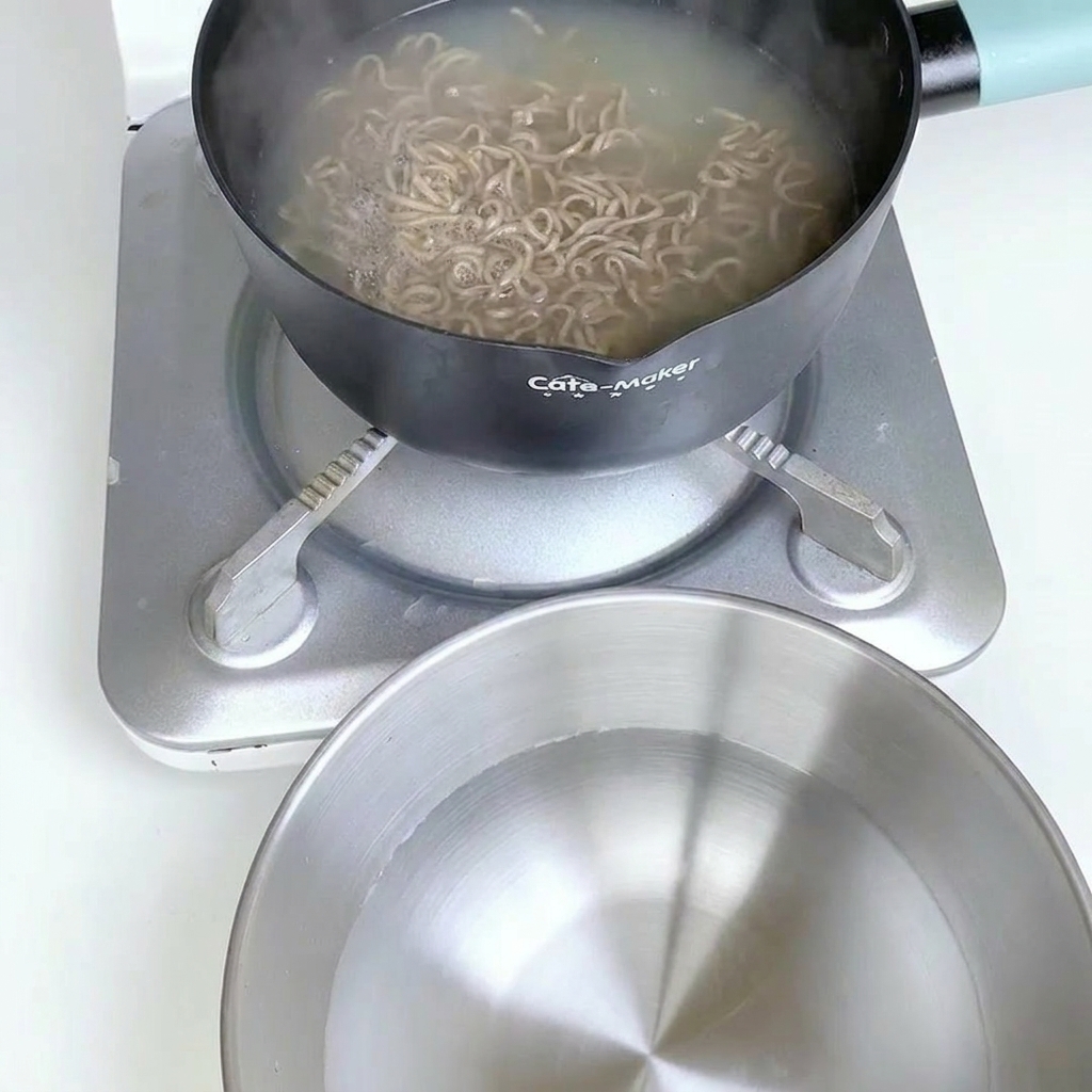 Fideos cocidos siendo enjuagados en un colador bajo agua fría.