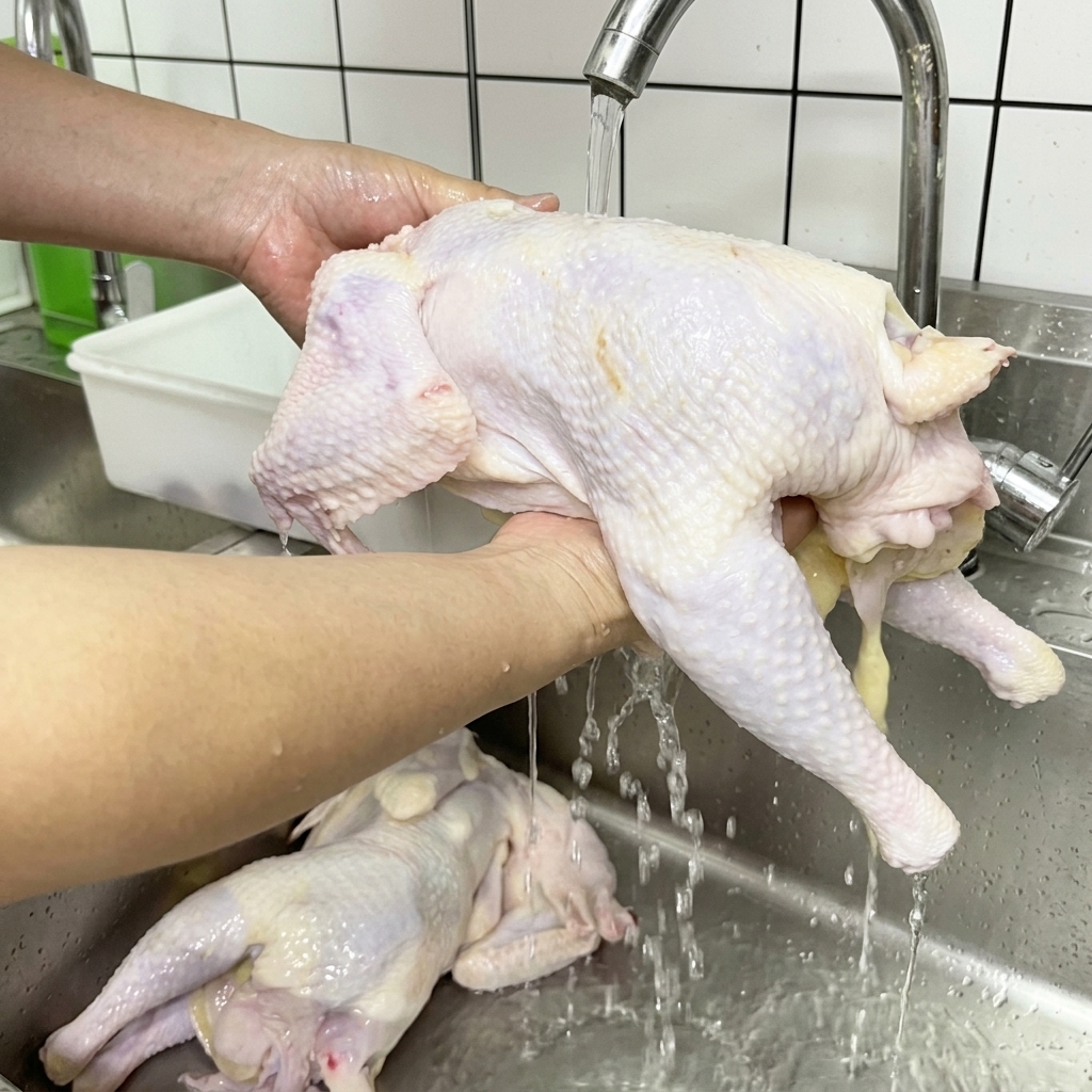 Un pollo entero crudo bajo el agua corriente en un fregadero de acero inoxidable.
