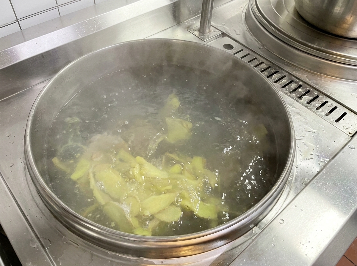 Rodajas de jengibre siendo añadidas a una olla grande con agua hirviendo.