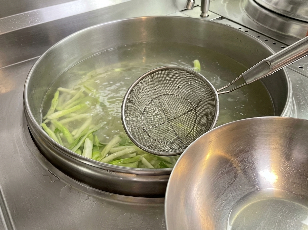 Un colador de malla fina retirando la espuma de la superficie del caldo hirviendo.