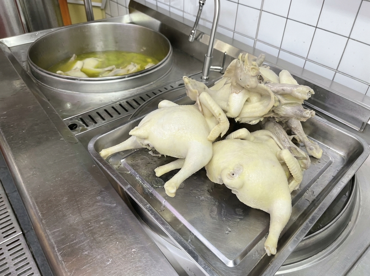 Pollos enteros cocidos colocados en una bandeja de acero inoxidable.