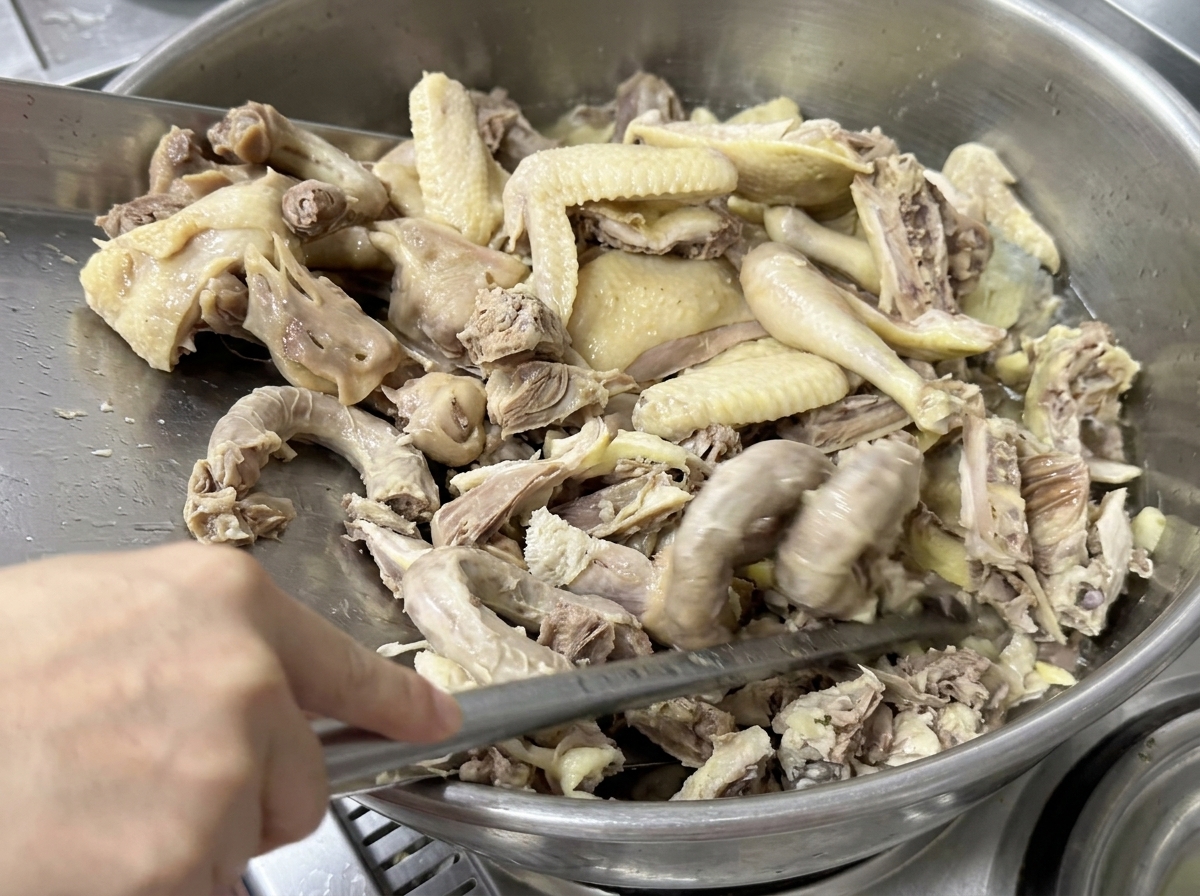 Trozos de pollo siendo añadidos a una olla grande con agua hirviendo.