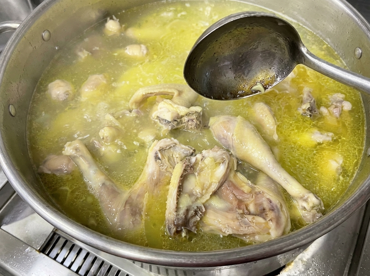 Un cucharón retirando espuma gris de la superficie del caldo de pollo.