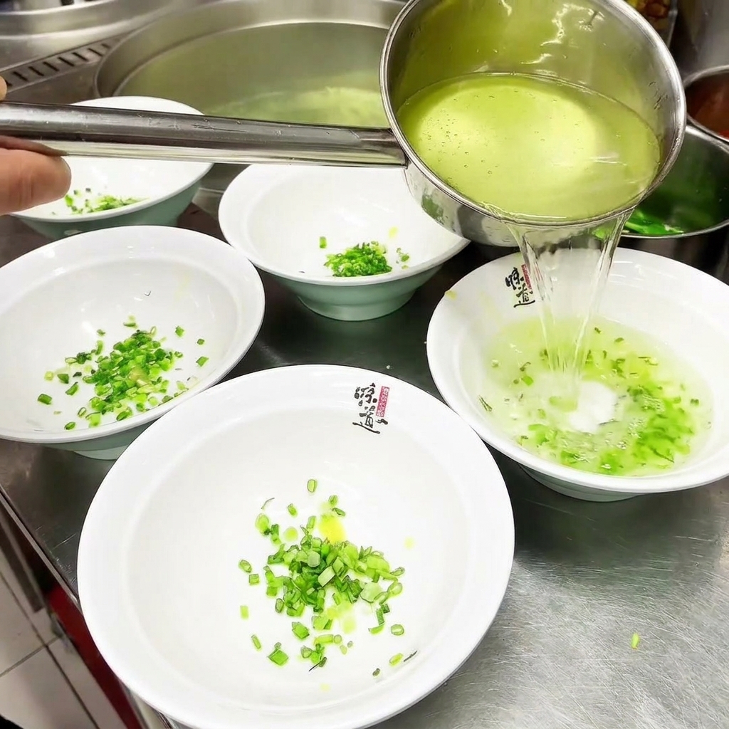 Caldo de pollo dorado vertiéndose en tazones blancos sobre cebollino fresco.