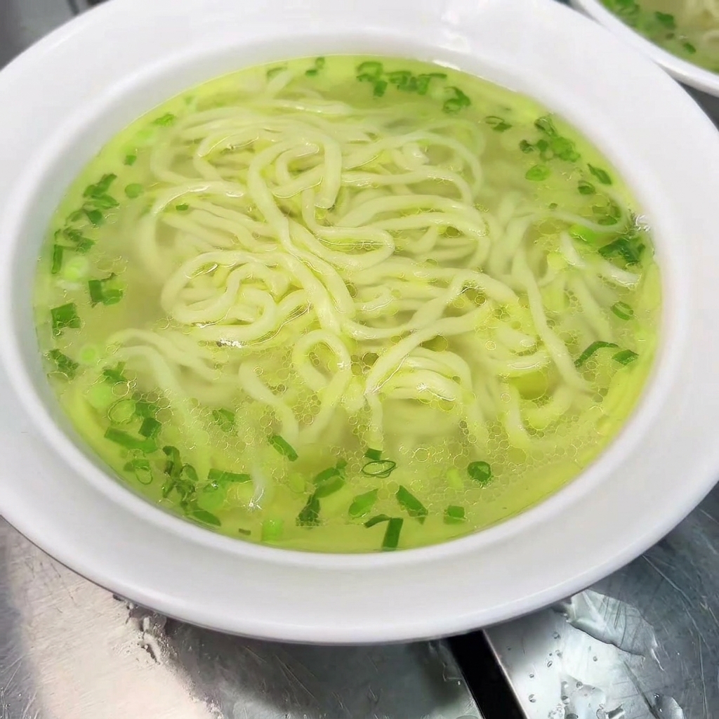Un tazón de fideos siendo decorado con un muslo de pollo cocido y caldo caliente.