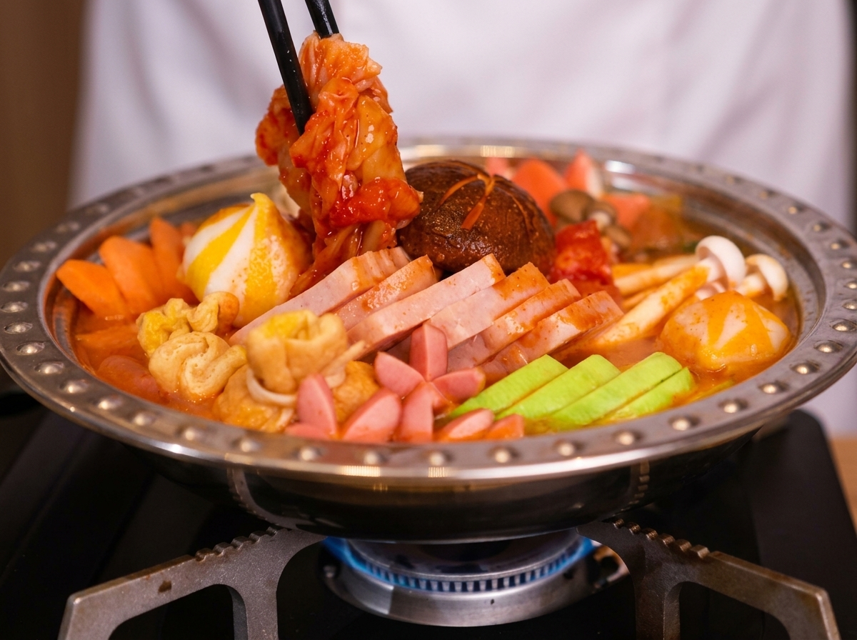 Una porción de kimchi siendo añadida a la olla con palillos, con una rebanada de queso procesado lista para ser colocada encima.