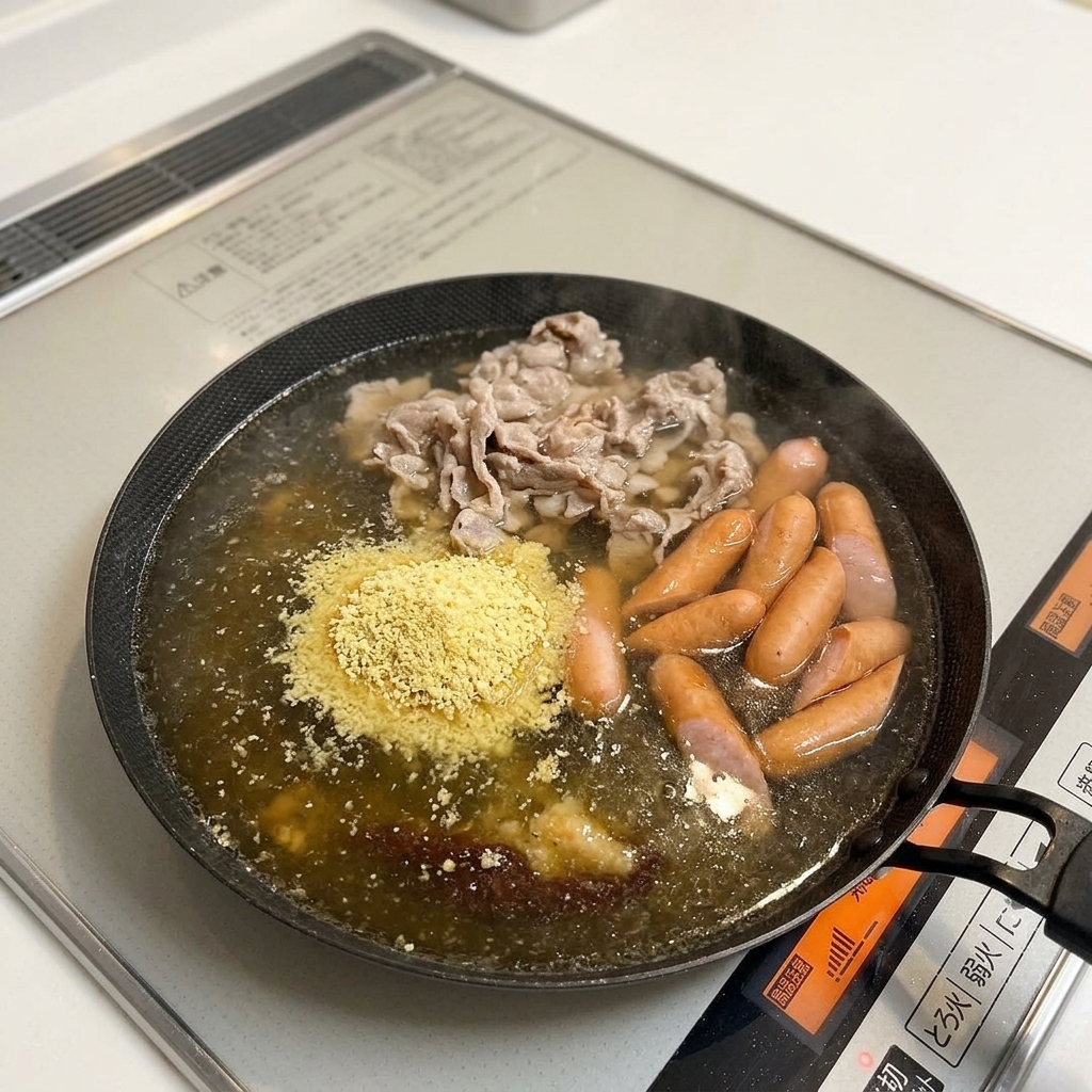 Pasta de ajo mezclándose en el caldo aromático.