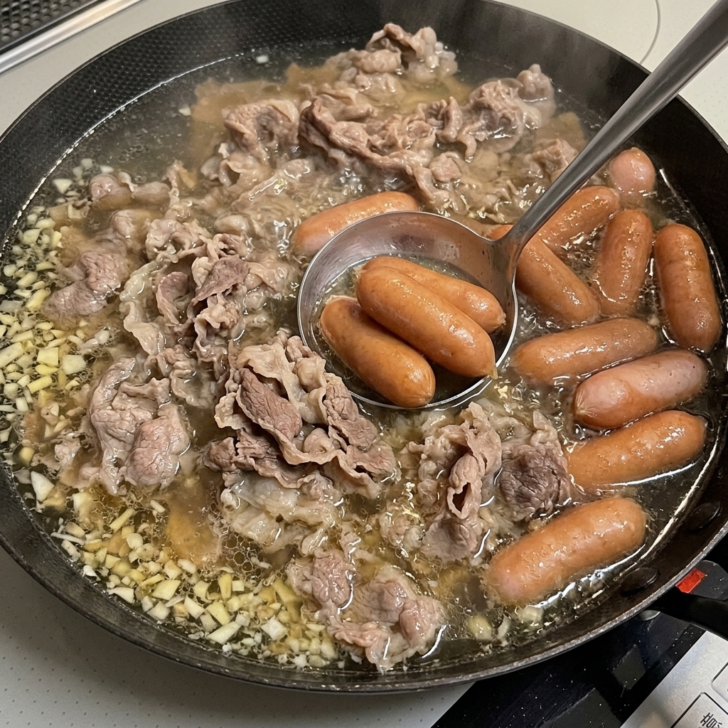 Brotes de soja y cebollinas añadidos al caldo.