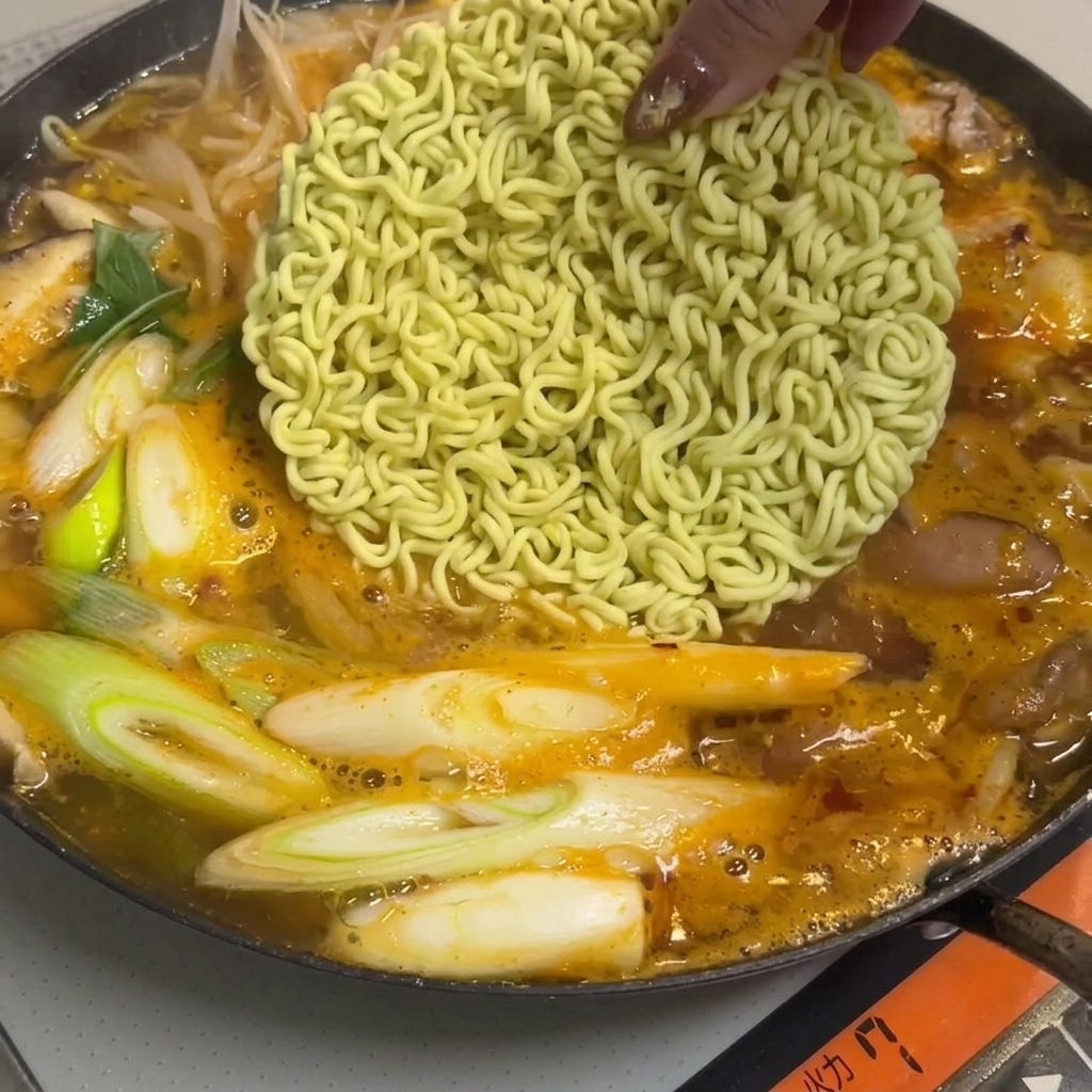 Bloque de fideos y pasteles de arroz añadidos al caldo.