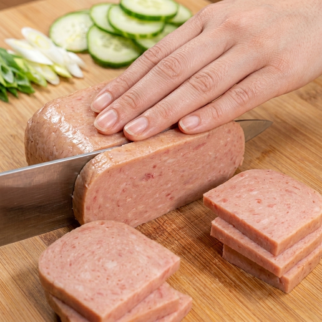 Carne en conserva cortada en piezas rectangulares uniformes sobre una tabla de madera.