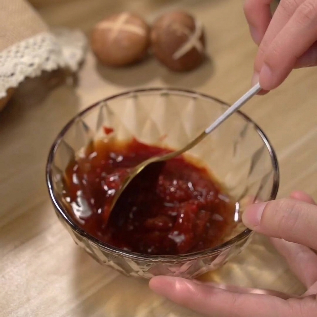 Una rica salsa roja picante mezclándose en un pequeño cuenco de cristal.