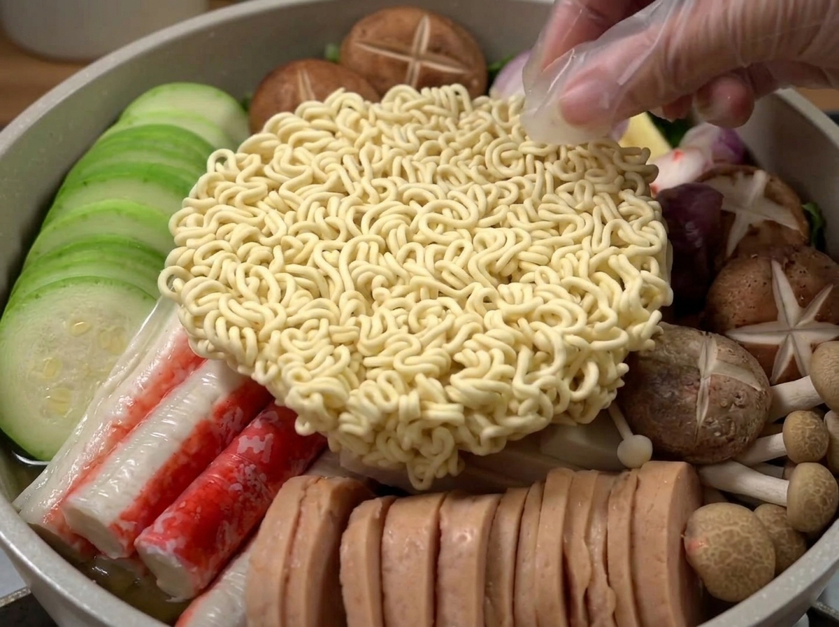 Un bloque de fideos instantáneos sobre los ingredientes en la olla, con una mano vertiendo salsa.