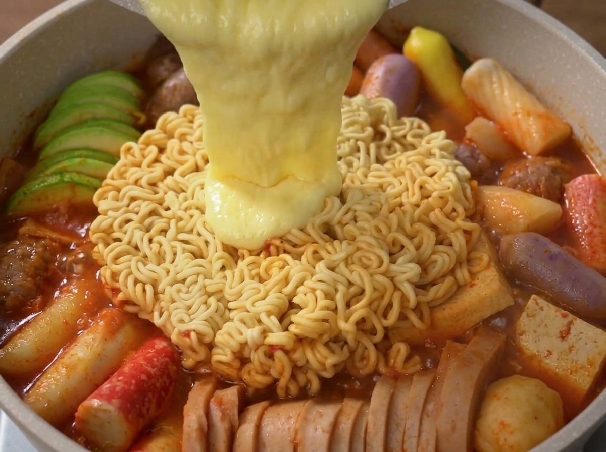 Queso rico y derretido vertido desde un recipiente sobre los fideos en el estofado.
