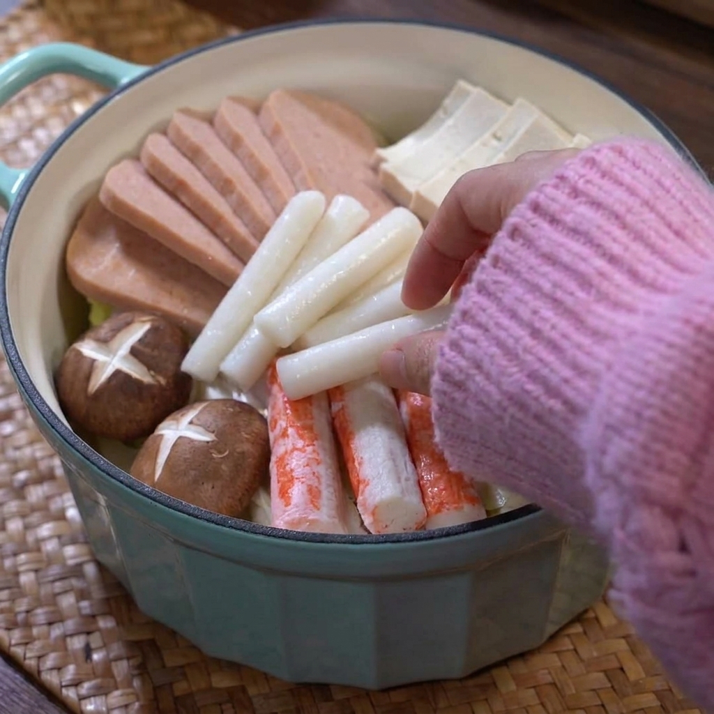Kimchi siendo añadido al centro de la olla con unos palillos.