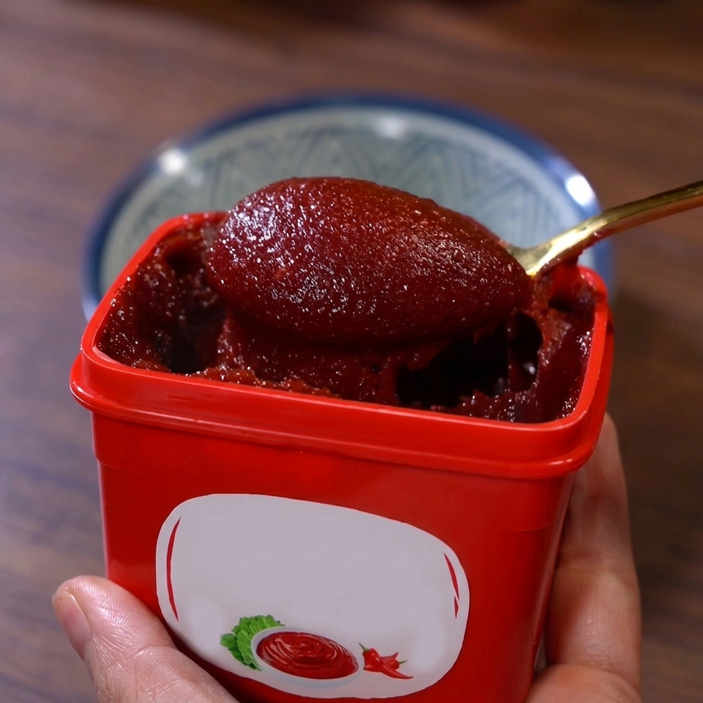 Un tazón pequeño con pasta de chile coreana mezclándose con los demás ingredientes de la salsa.