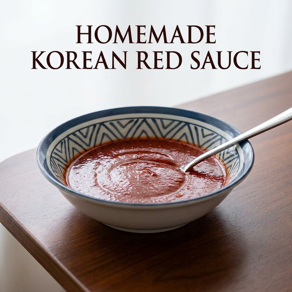 Salsa roja y espesa vertiéndose desde un cuenco azul sobre los ingredientes de la olla.