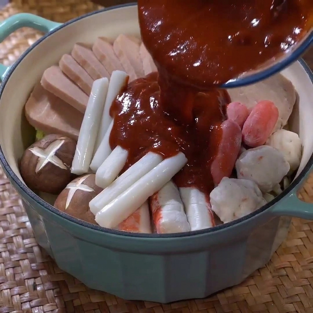Agua clara vertiéndose en la olla con los ingredientes del estofado coreano.